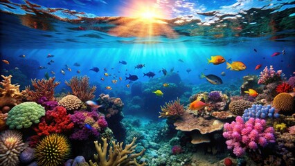 Beautiful underwater scenery with colorful corals, tropical fish, and crystal clear water, sea, ocean, underwater