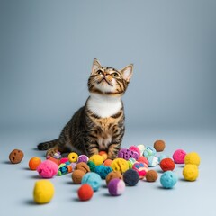 Curious tabby cat surrounded by colorful toys