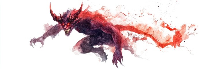 Fierce Demon Illustration with Red and Black Watercolor Effects on a White Background