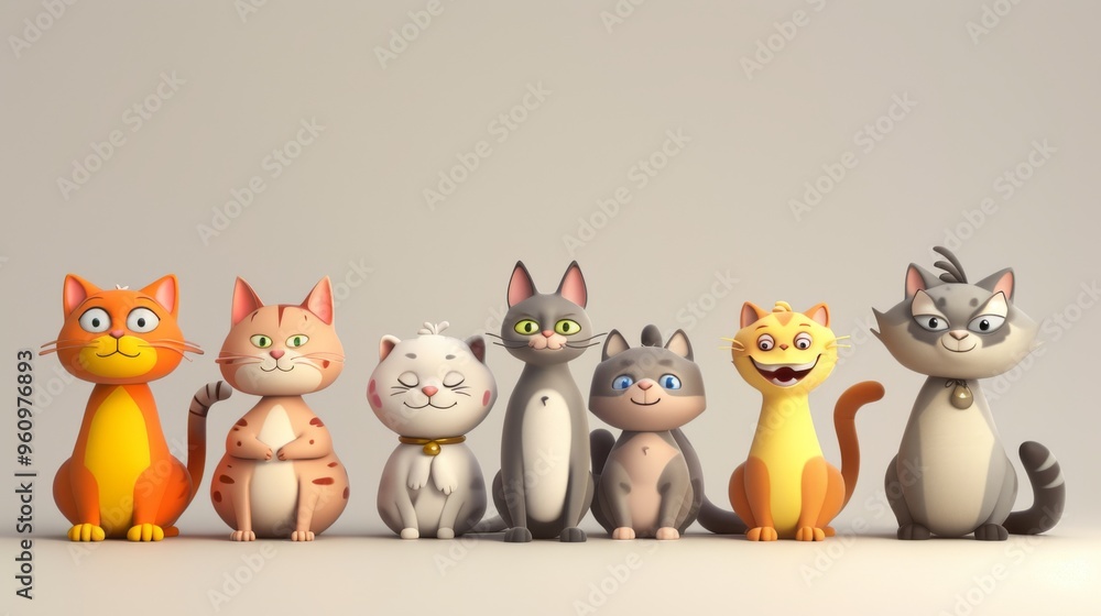 Poster a lineup of seven cartoon-style cats in different colors and patterns, each showcasing unique facial