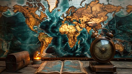 An open antique book lies on a wooden table in front of an old world map, a vintage alarm clock and a small antique trunk.