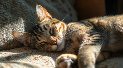 Relaxed tabby cat sleeping in bed