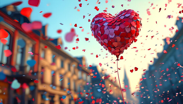 Heart-Shaped Balloon with Confetti in a City