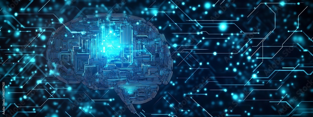 Poster digital brain circuitry with glowing connections