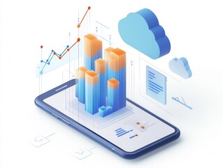 A modern smartphone displaying data visualization graphs and cloud icons, symbolizing analytics and digital transformation.