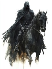 Obraz premium Mysterious Hooded Rider on Black Horse in Dark Fantasy Art Illustration