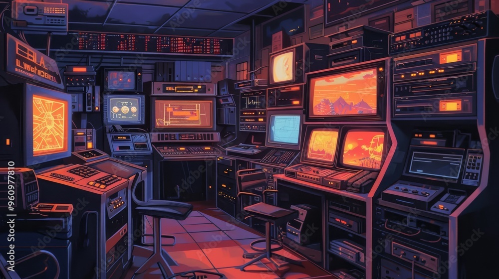 Poster a retro-styled command center filled with various glowing monitors and vintage electronic equipment.