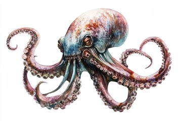Fototapeta premium Detailed Watercolor Illustration of an Octopus with Intricate Tentacles and Realistic Texture