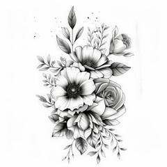 flower, draw, vector, black art, tattoo style, tattoo, floral, illustration, pattern, leaf, nature, vintage, drawing, sketch, plant, design, art, decoration, branch, rose, blossom, element, black, wed