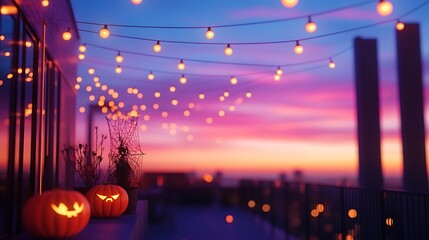 Spooky Sunset: Halloween Rooftop Party with Neon Spider Webs and Glowing Jack-o'-lanterns