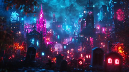 Obraz premium Ghostly Cyberpunk Halloween Night - Haunting holographic ghosts and neon-lit graveyard in futuristic cityscape