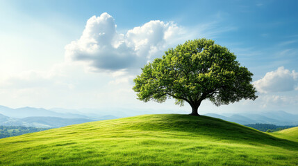 A solitary tree standing proudly on a lush grassy hilltop under a bright blue sky with clouds, symbolizing solitude and natural beauty.