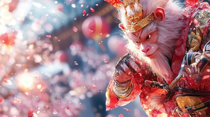 Naklejka premium A vibrant illustration depicting Wukong joyfully participating in Lunar New Year celebrations, showcasing the rich traditions and colorful festivities of this cherished cultural event.