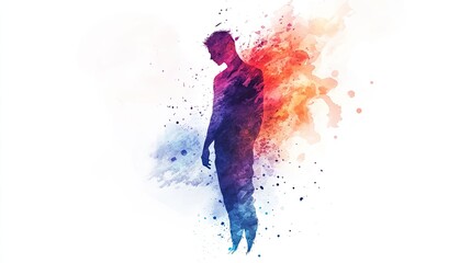 Fototapeta premium Vibrant Abstract Silhouette of a Man with Colorful Watercolor Splashes on White Background