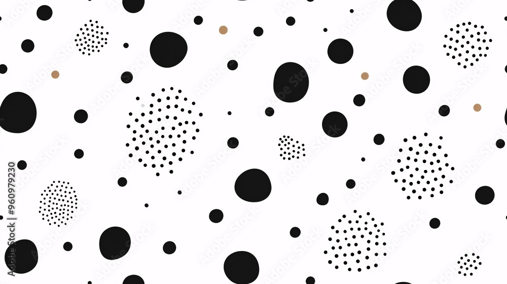 Poster monochrome polka dot dance: a playful pattern of black and white dots in various sizes, some with in
