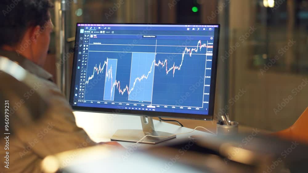 Aufkleber businessman, office and computer with screen, data or market analysis as trader in investment bank. 