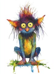 Fototapeta premium Colorful Watercolor Illustration of a Whimsical Fantasy Creature with Big Eyes and Spiky Hair