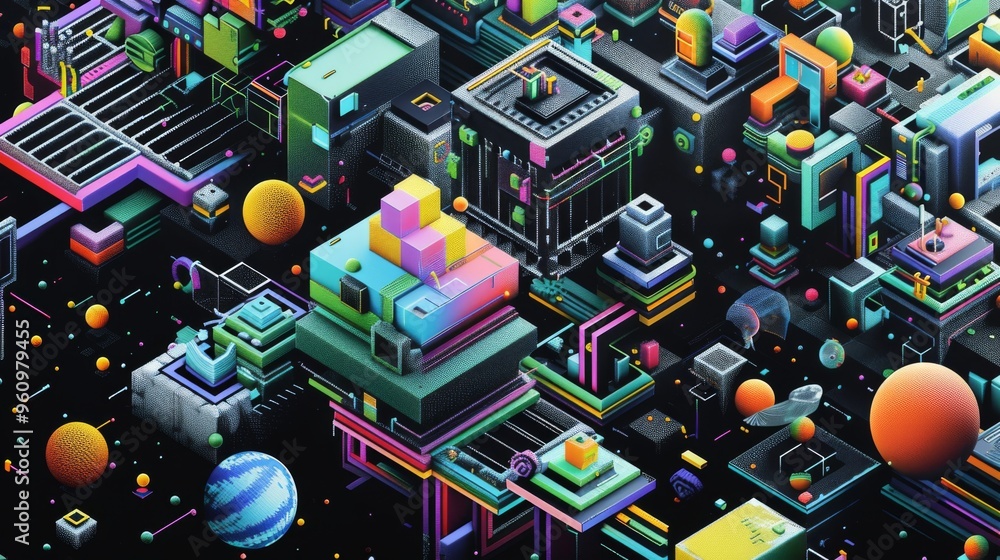 Poster a futuristic isometric digital cityscape filled with colorful blocks, structures, and spheres. the i