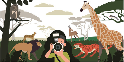 Vector illustration of a scene in a zoo where people are photographing animals