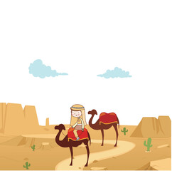 Middle Eastern businessmen riding camels walking in the desert