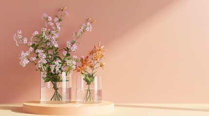 Modern transparent pedestal display with flowers on a peach background