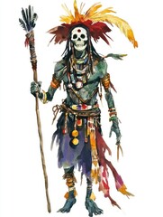 Fototapeta premium Tribal Shaman Skeleton in Traditional Attire Holding Staff with Feathers and Beads