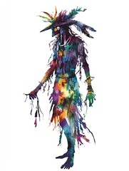 Obraz premium Colorful Abstract Silhouette of a Tribal Figure with Feathers and Vibrant Patterns