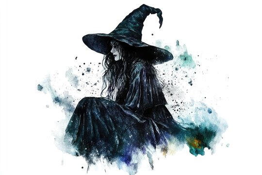 Mysterious Witch in Dark Hat and Cloak with Watercolor Splashes - Enigmatic Fantasy Art