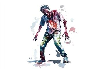 Obraz premium Watercolor Illustration of a Zombie with Bloodstains and Tattered Clothes on a White Background
