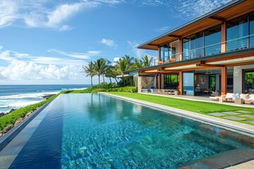 Fototapeta premium Luxury Beach House with Infinity Pool and Outdoor Lounge on Tropical Hawaiian Coast