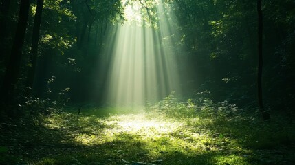 Fototapeta premium A beam of sunlight filtering through a dense forest, casting soft shadows on the ground.