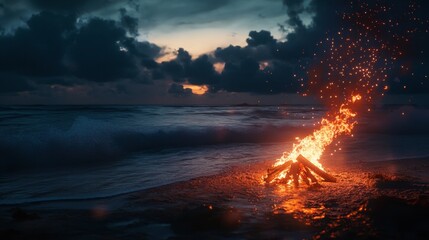 A bonfire on a beach at night, with light illuminating the waves as they crash on the shore.