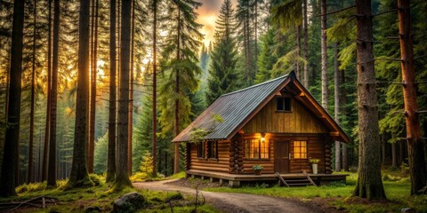 Cozy cabin nestled in the woods surrounded by tall trees, forest, house, cabin, cozy, home, retreat, nature, trees