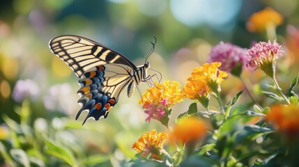 Obraz premium A close-up of a butterfly taking flight from a vibrant flower in a summer garden.