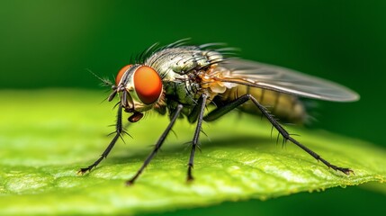 Fototapeta premium A close-up of a housefly resting on a leaf, with detailed focus on its wings and compound eyes.