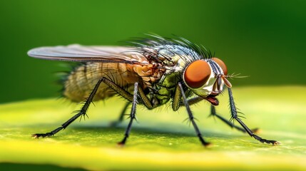 Fototapeta premium A close-up of a housefly resting on a leaf, with detailed focus on its wings and compound eyes.