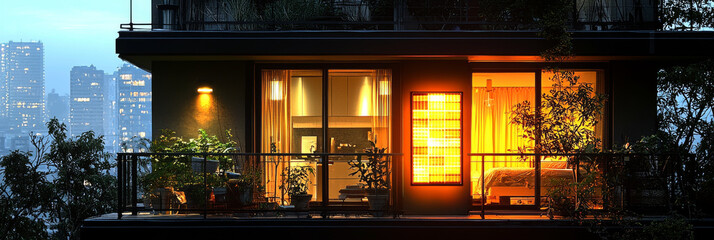 City lights glow through a window of a modern apartment building.
