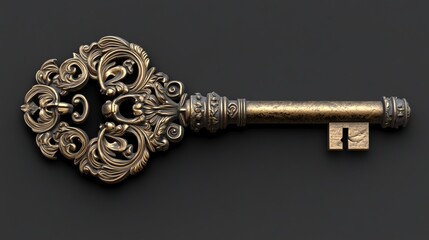A close-up of an ornate, golden key on a black background.