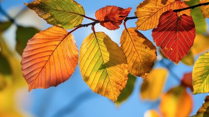 A close-up of a tree leaves in autumn, showcasing their vibrant colors against a blue sky.