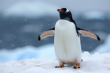 Fototapeta premium Penguin Standing Upright in Snowy Antarctica with Icy Blue Waters in Background