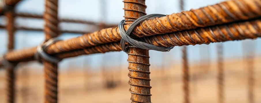 A macro shot of a rebar grid being tied together with wire ties before pouring concrete