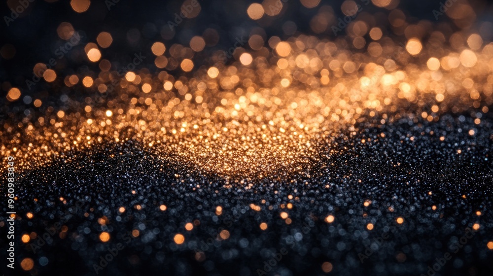 Poster abstract background with golden bokeh lights on black surface.