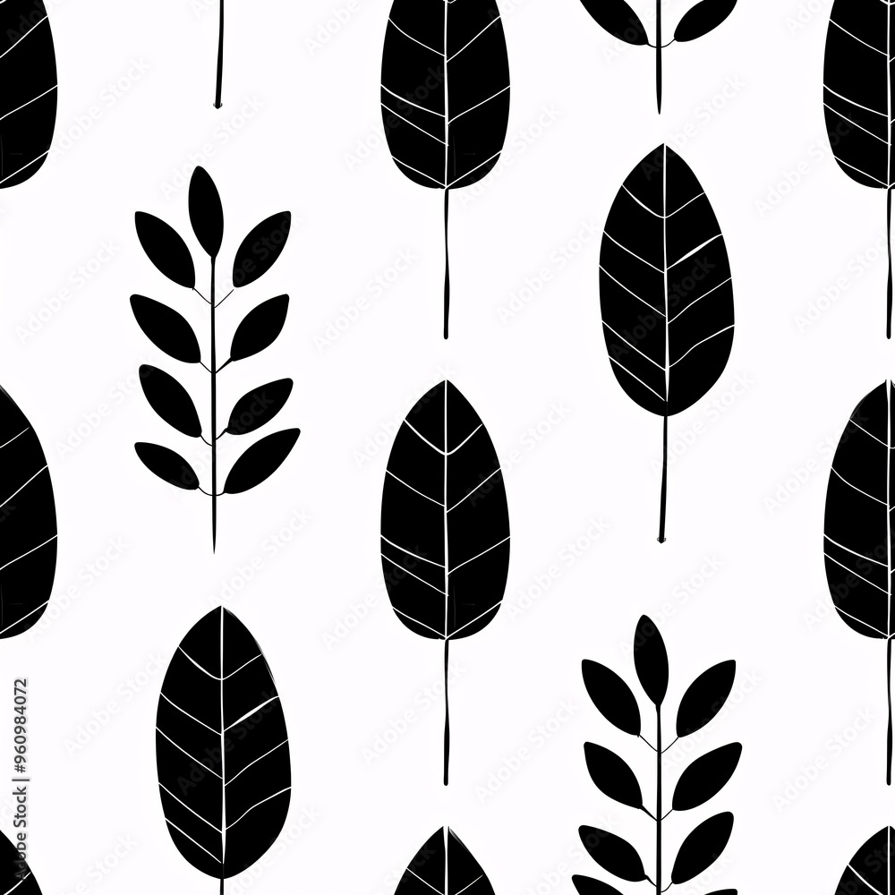 Poster black and white leaf pattern: a simple yet elegant seamless pattern featuring black leaves on a whit