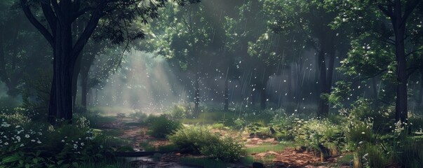 Obraz premium Image of the forest trail atmosphere with light rain falling. Create a shady and quiet atmosphere