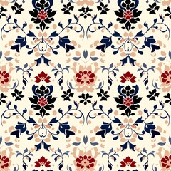 Elegant Floral Damask Pattern: A seamless, intricate design featuring a classic damask pattern with delicate floral motifs in shades of red, blue, and black against a creamy white background. 