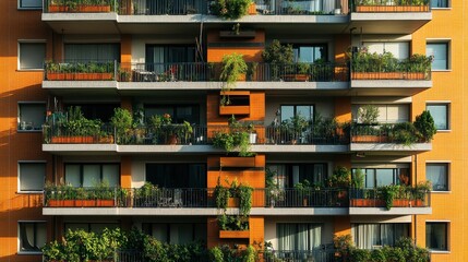 A high-rise apartment building with balconies, each decorated with plants and outdoor furniture.