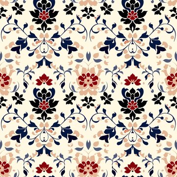 Elegant Floral Damask Pattern: A seamless, intricate design featuring a classic damask pattern with delicate floral motifs in shades of red, blue, and black against a creamy white background. 
