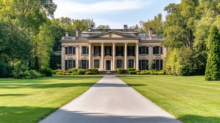 Obraz premium A historic mansion with grand columns, an expansive lawn, and a long driveway lined with trees.