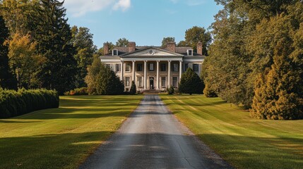 Obraz premium A historic mansion with grand columns, an expansive lawn, and a long driveway lined with trees.