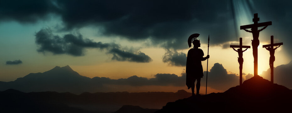 A Roman centurion watches Jesus and two criminals crucified on Golgotha. The sky darkens dramatically. The subjects are on the right side of the image, with no text.